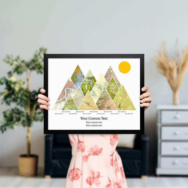 Personalized Mountain Atlas Map with 11 Locations, Black Thin Framed Art Print, Styled#color-finish_black-thin-frame