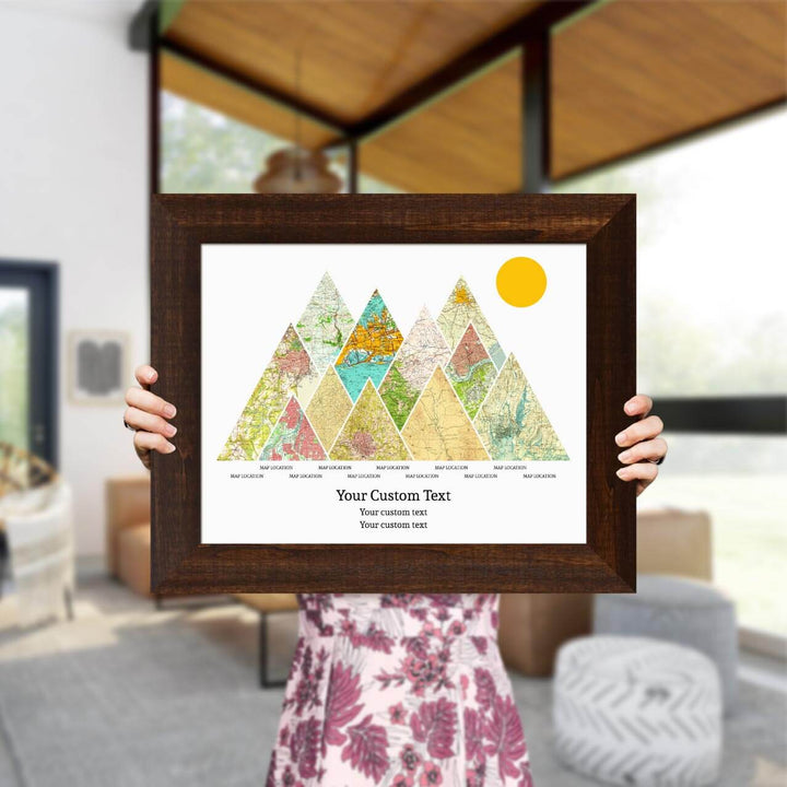 Personalized Mountain Atlas Map with 11 Locations, Espresso Wide Framed Art Print, Styled#color-finish_espresso-wide-frame