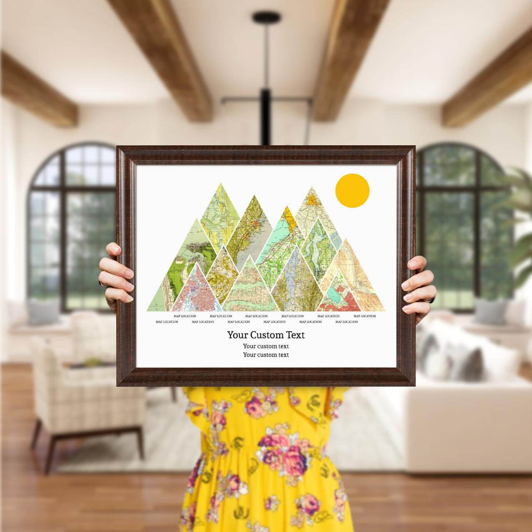 Personalized Mountain Atlas Map with 12 Locations, Espresso Beveled Framed Art Print, Styled#color-finish_espresso-beveled-frame