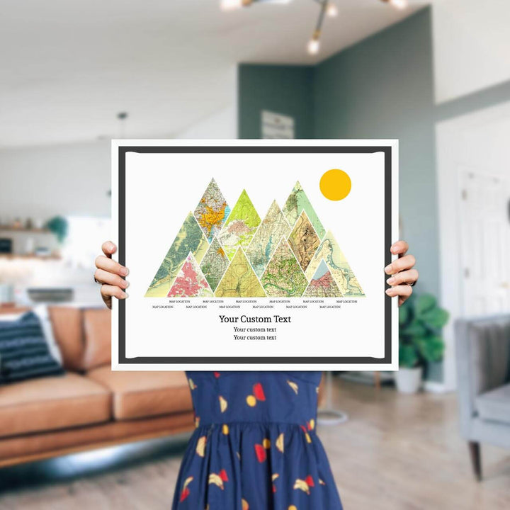 Personalized Mountain Atlas Map with 12 Locations, White Floater Framed Art Print, Styled#color-finish_white-floater-frame
