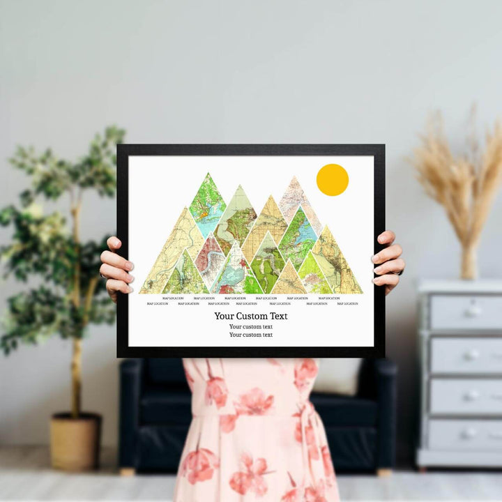 Personalized Mountain Atlas Map with 13 Locations, Black Thin Framed Art Print, Styled#color-finish_black-thin-frame
