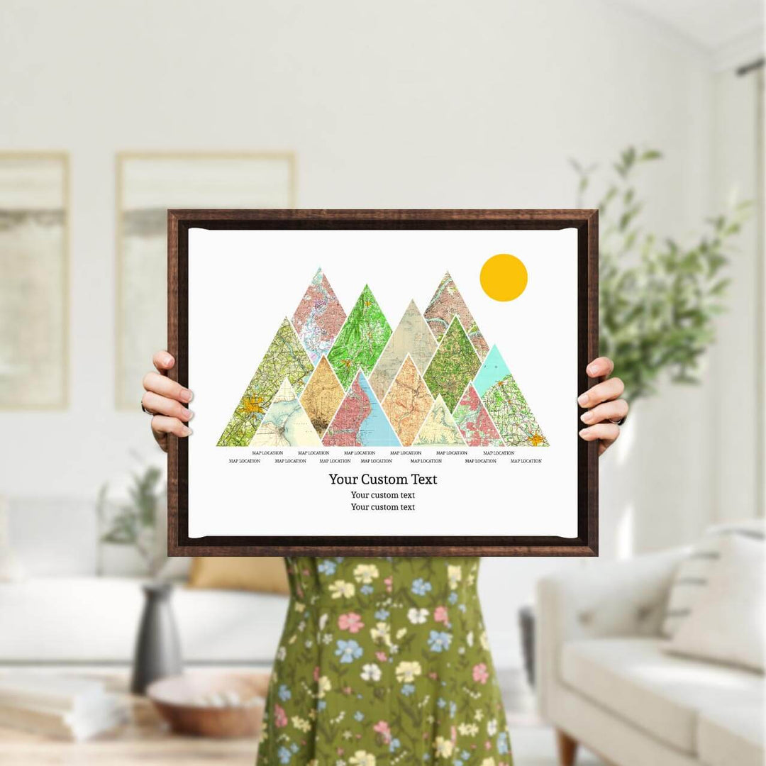 Personalized Mountain Atlas Map with 13 Locations, Espresso Floater Framed Art Print, Styled#color-finish_espresso-floater-frame