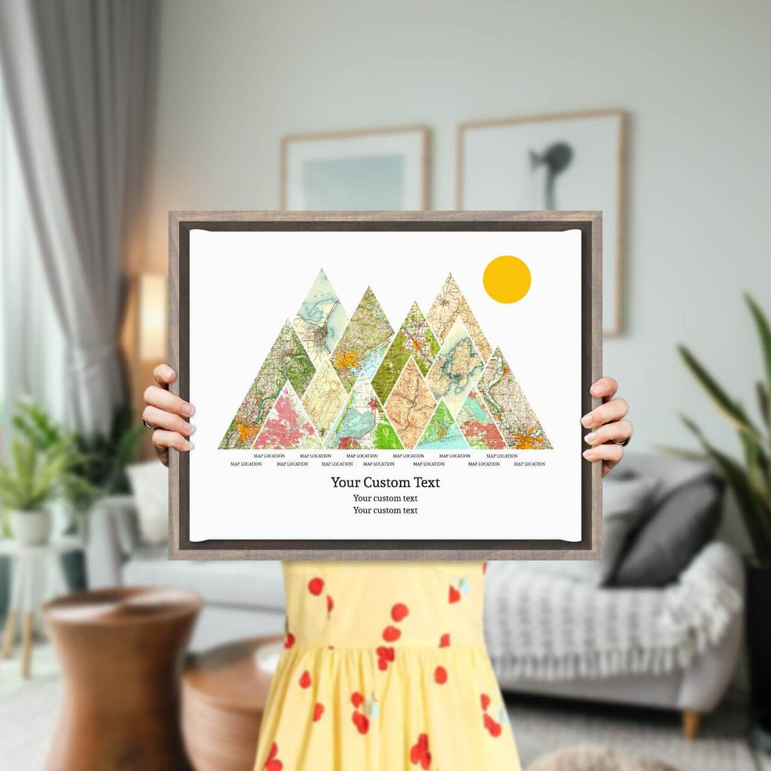 Personalized Mountain Atlas Map with 13 Locations, Gray Floater Framed Art Print, Styled#color-finish_gray-floater-frame