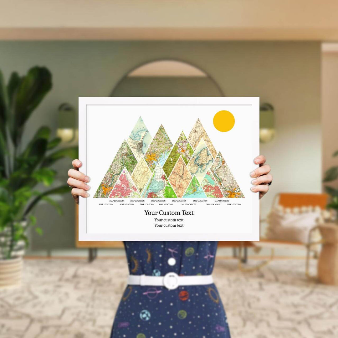 Personalized Mountain Atlas Map with 13 Locations, White Thin Framed Art Print, Styled#color-finish_white-thin-frame