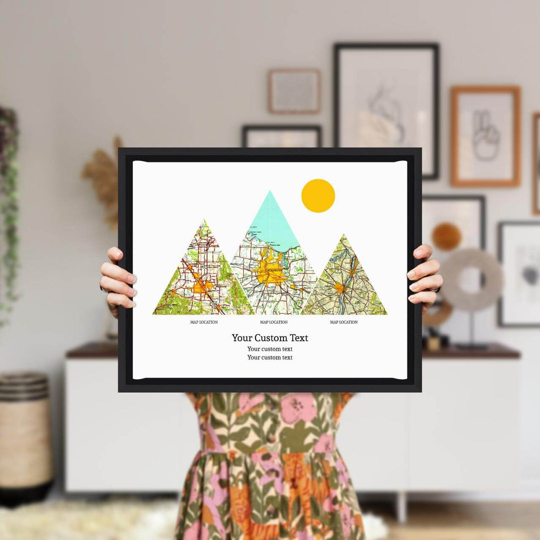 Personalized Mountain Atlas Map with 3 Locations, Black Floater Framed Art Print, Styled#color-finish_black-floater-frame