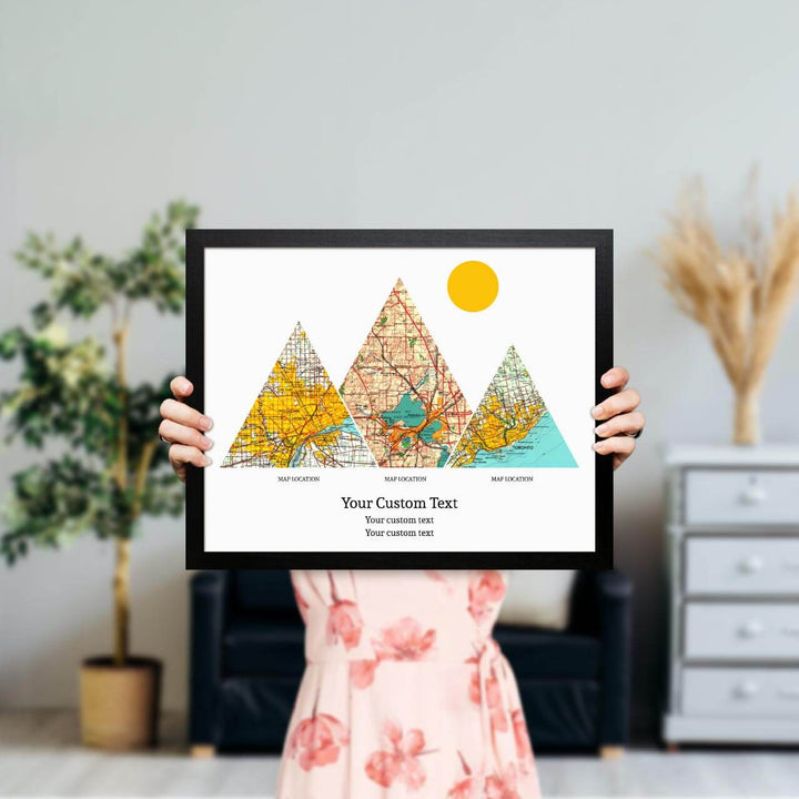 Personalized Mountain Atlas Map with 3 Locations, Black Thin Framed Art Print, Styled#color-finish_black-thin-frame
