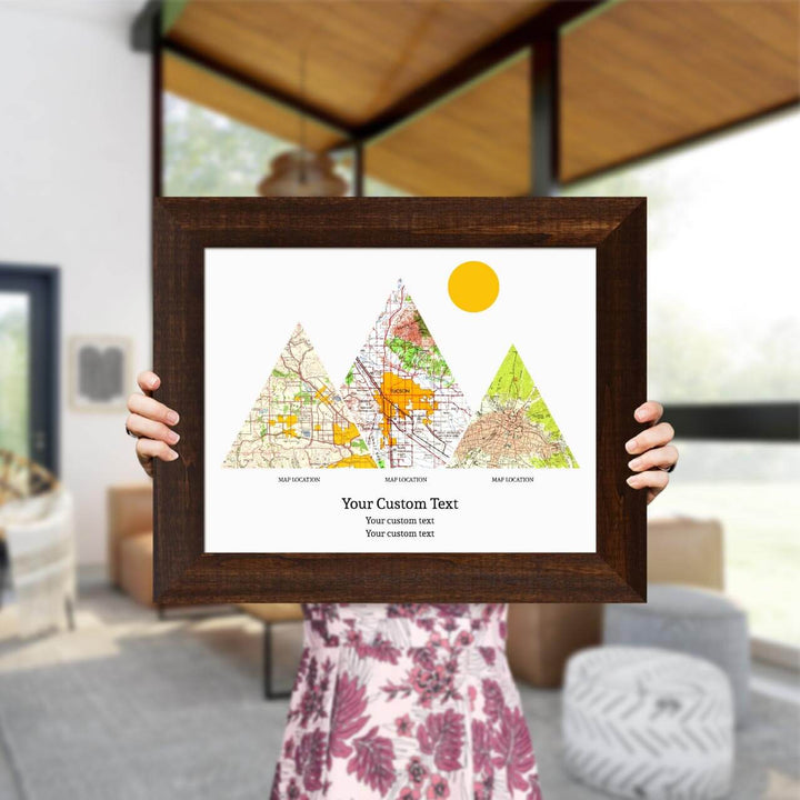 Personalized Mountain Atlas Map with 3 Locations, Espresso Wide Framed Art Print, Styled#color-finish_espresso-wide-frame