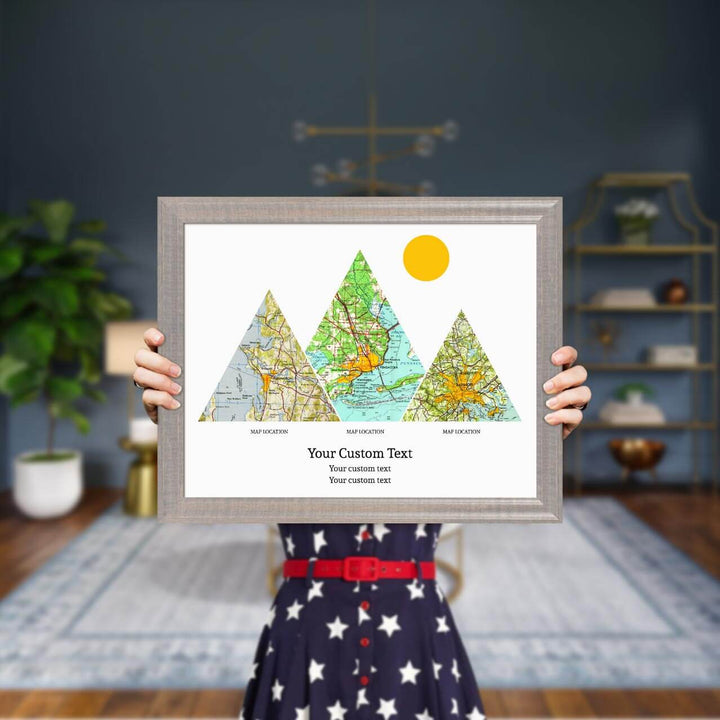 Personalized Mountain Atlas Map with 3 Locations, Gray Beveled Framed Art Print, Styled#color-finish_gray-beveled-frame