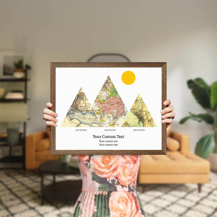 Personalized Mountain Atlas Map with 3 Locations, Walnut Thin Framed Art Print, Styled#color-finish_walnut-thin-frame