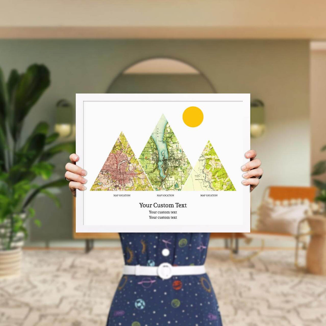 Personalized Mountain Atlas Map with 3 Locations, White Thin Framed Art Print, Styled#color-finish_white-thin-frame