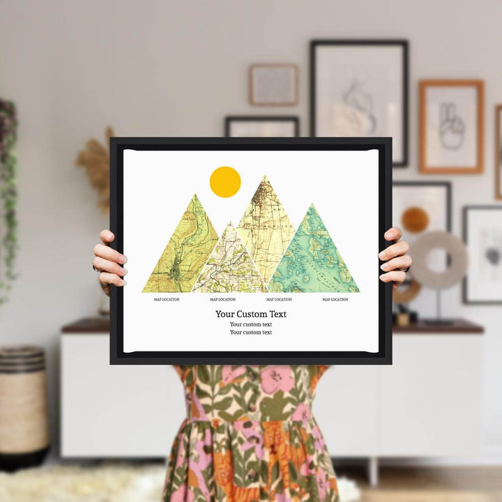 Personalized Mountain Atlas Map with 4 Locations, Black Floater Framed Art Print, Styled#color-finish_black-floater-frame