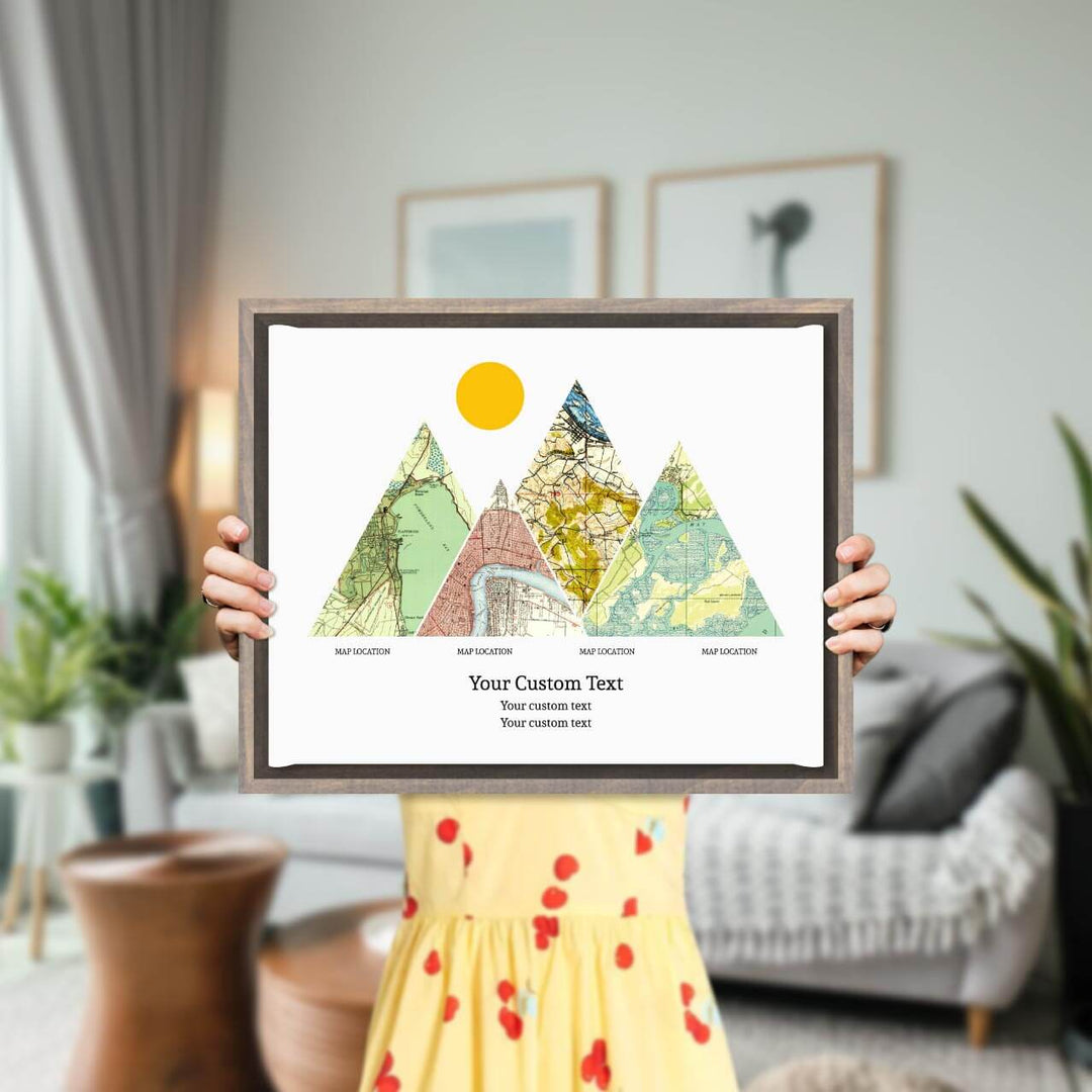 Personalized Mountain Atlas Map with 4 Locations, Gray Floater Framed Art Print, Styled#color-finish_gray-floater-frame