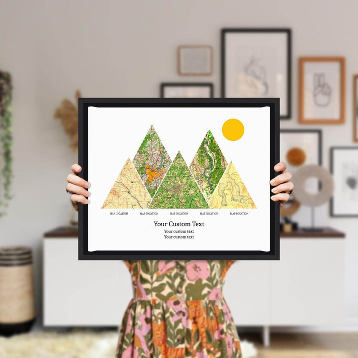 Personalized Mountain Atlas Map with 5 Locations, Black Floater Framed Art Print, Styled#color-finish_black-floater-frame