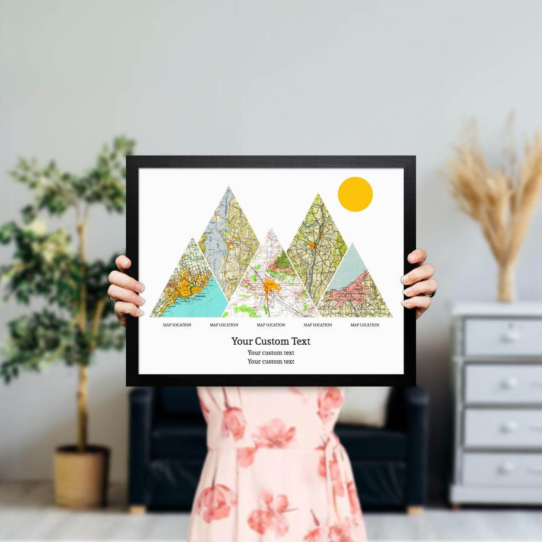 Personalized Mountain Atlas Map with 5 Locations, Black Thin Framed Art Print, Styled#color-finish_black-thin-frame