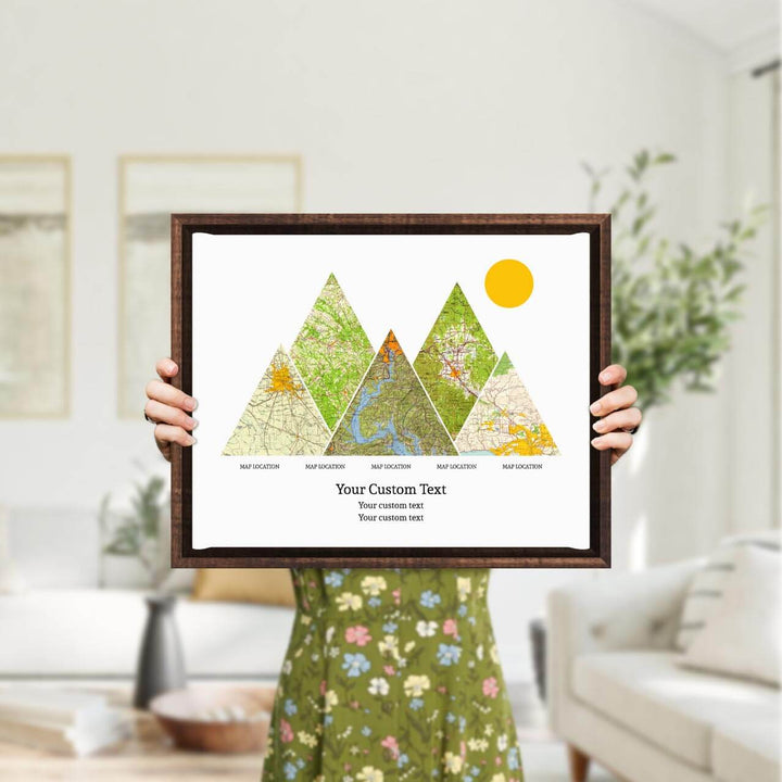 Personalized Mountain Atlas Map with 5 Locations, Espresso Floater Framed Art Print, Styled#color-finish_espresso-floater-frame