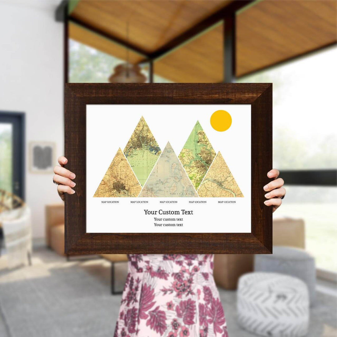 Personalized Mountain Atlas Map with 5 Locations, Espresso Wide Framed Art Print, Styled#color-finish_espresso-wide-frame
