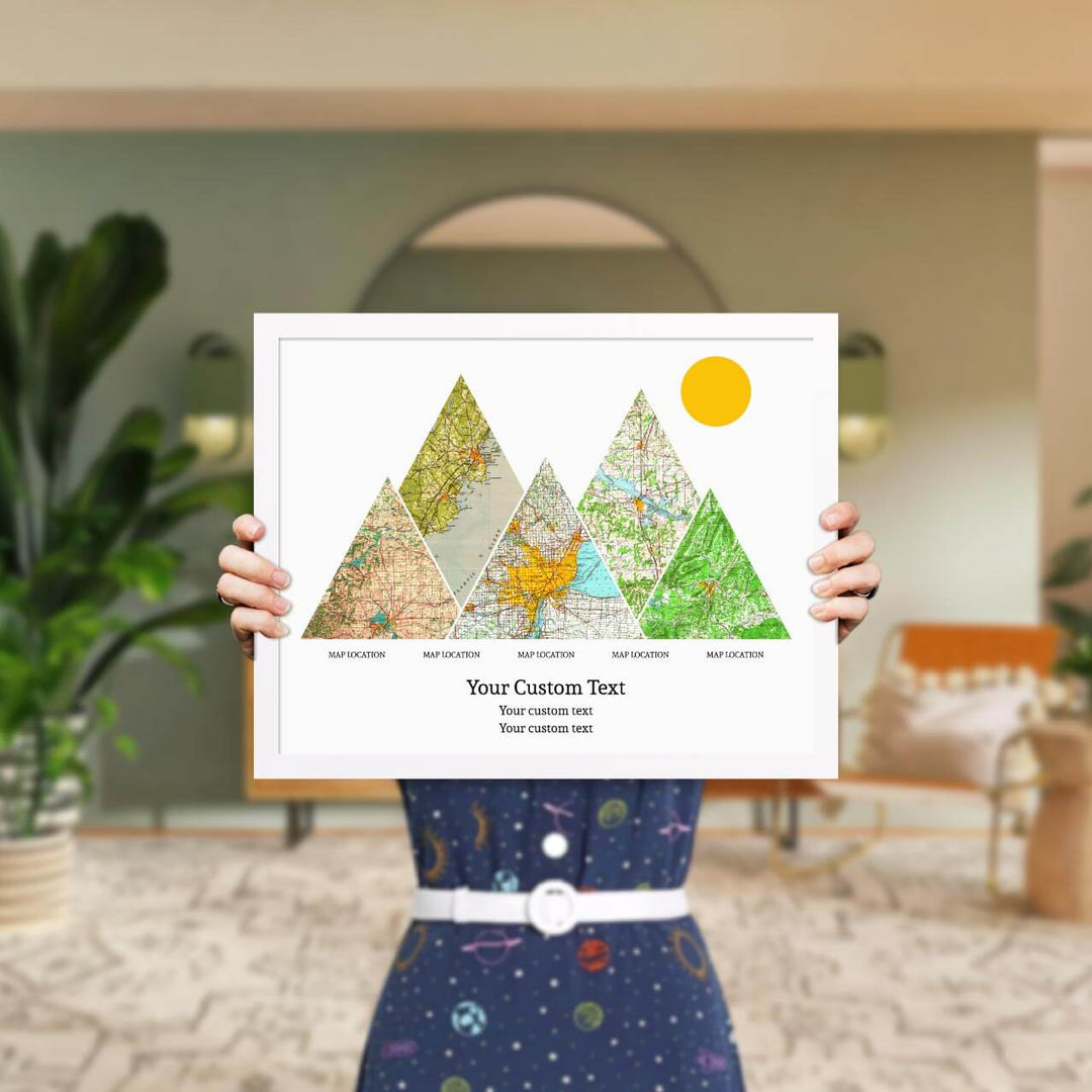 Personalized Mountain Atlas Map with 5 Locations, White Thin Framed Art Print, Styled#color-finish_white-thin-frame