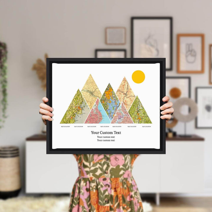 Personalized Mountain Atlas Map with 7 Locations, Black Floater Framed Art Print, Styled#color-finish_black-floater-frame