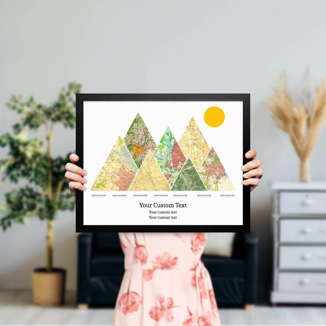 Personalized Mountain Atlas Map with 7 Locations, Black Thin Framed Art Print, Styled#color-finish_black-thin-frame