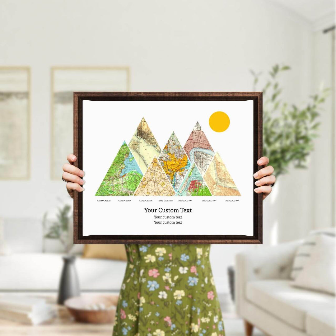 Personalized Mountain Atlas Map with 7 Locations, Espresso Floater Framed Art Print, Styled#color-finish_espresso-floater-frame
