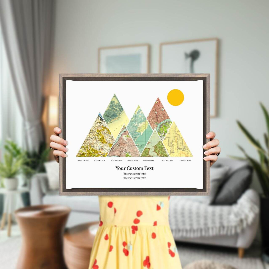 Personalized Mountain Atlas Map with 7 Locations, Gray Floater Framed Art Print, Styled#color-finish_gray-floater-frame