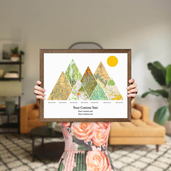 Personalized Mountain Atlas Map with 7 Locations, Walnut Thin Framed Art Print, Styled#color-finish_walnut-thin-frame