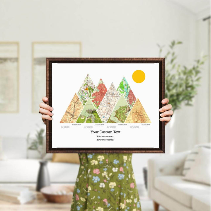 Personalized Mountain Atlas Map with 8 Locations, Espresso Floater Framed Art Print, Styled#color-finish_espresso-floater-frame