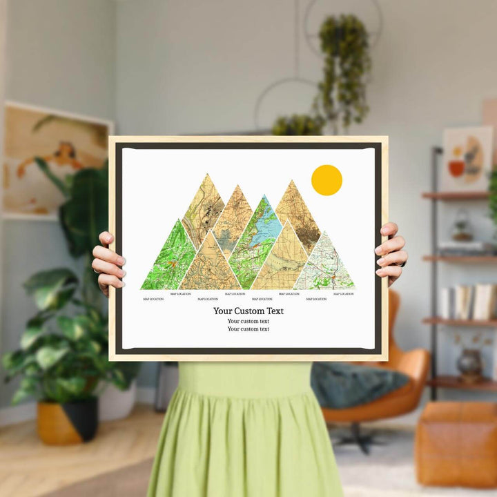 Personalized Mountain Atlas Map with 8 Locations, Light Wood Floater Framed Art Print, Styled#color-finish_light-wood-floater-frame