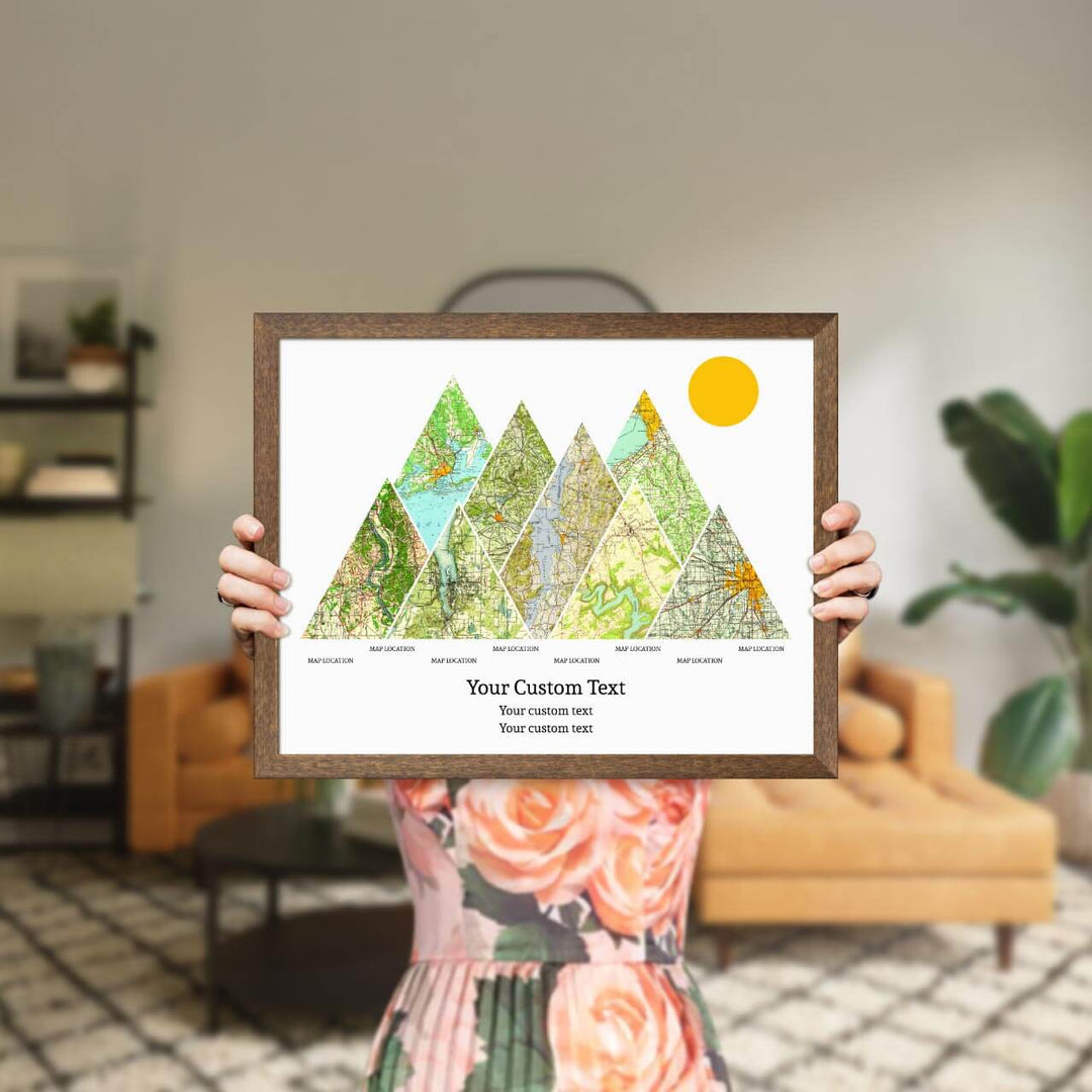 Personalized Mountain Atlas Map with 8 Locations, Walnut Thin Framed Art Print, Styled#color-finish_walnut-thin-frame