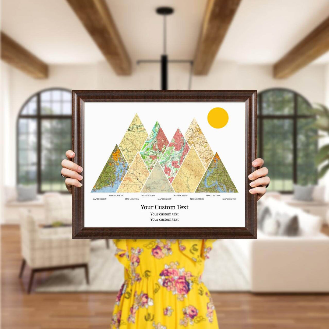 Personalized Mountain Atlas Map with 9 Locations, Espresso Beveled Framed Art Print, Styled#color-finish_espresso-beveled-frame