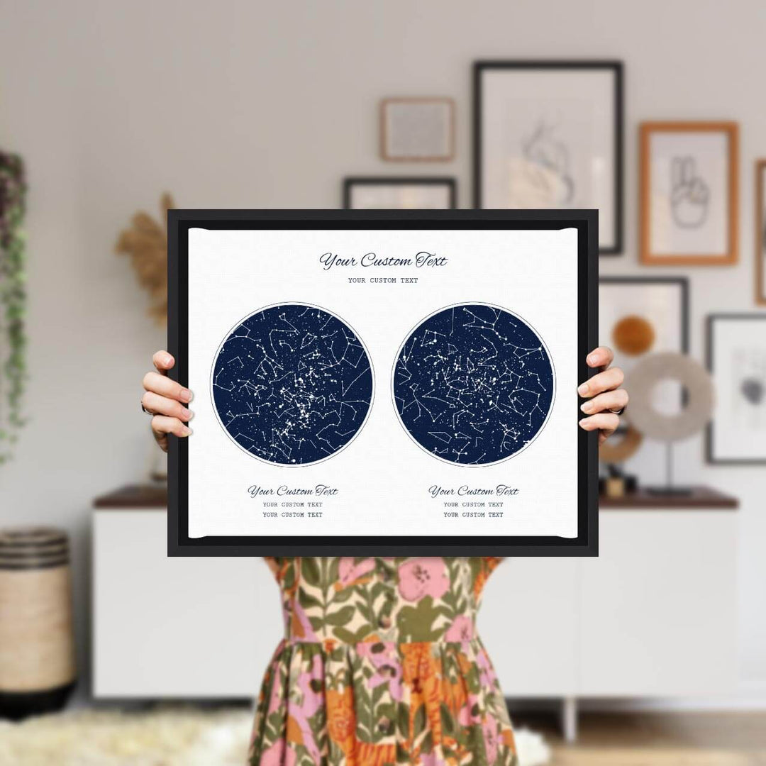 Star Map Gift Personalized With 2 Night Skies, Horizontal, Black Floater Framed Art Print, Styled#color-finish_black-floater-frame