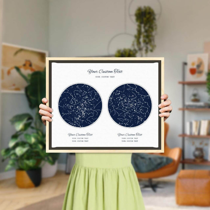 Star Map Gift Personalized With 2 Night Skies, Horizontal, Light Wood Floater Framed Art Print, Styled#color-finish_light-wood-floater-frame