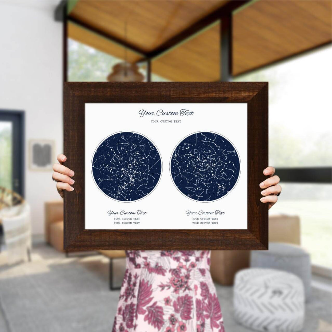 Star Map Gift Personalized With 2 Night Skies, Horizontal, Espresso Wide Framed Art Print, Styled#color-finish_espresso-wide-frame