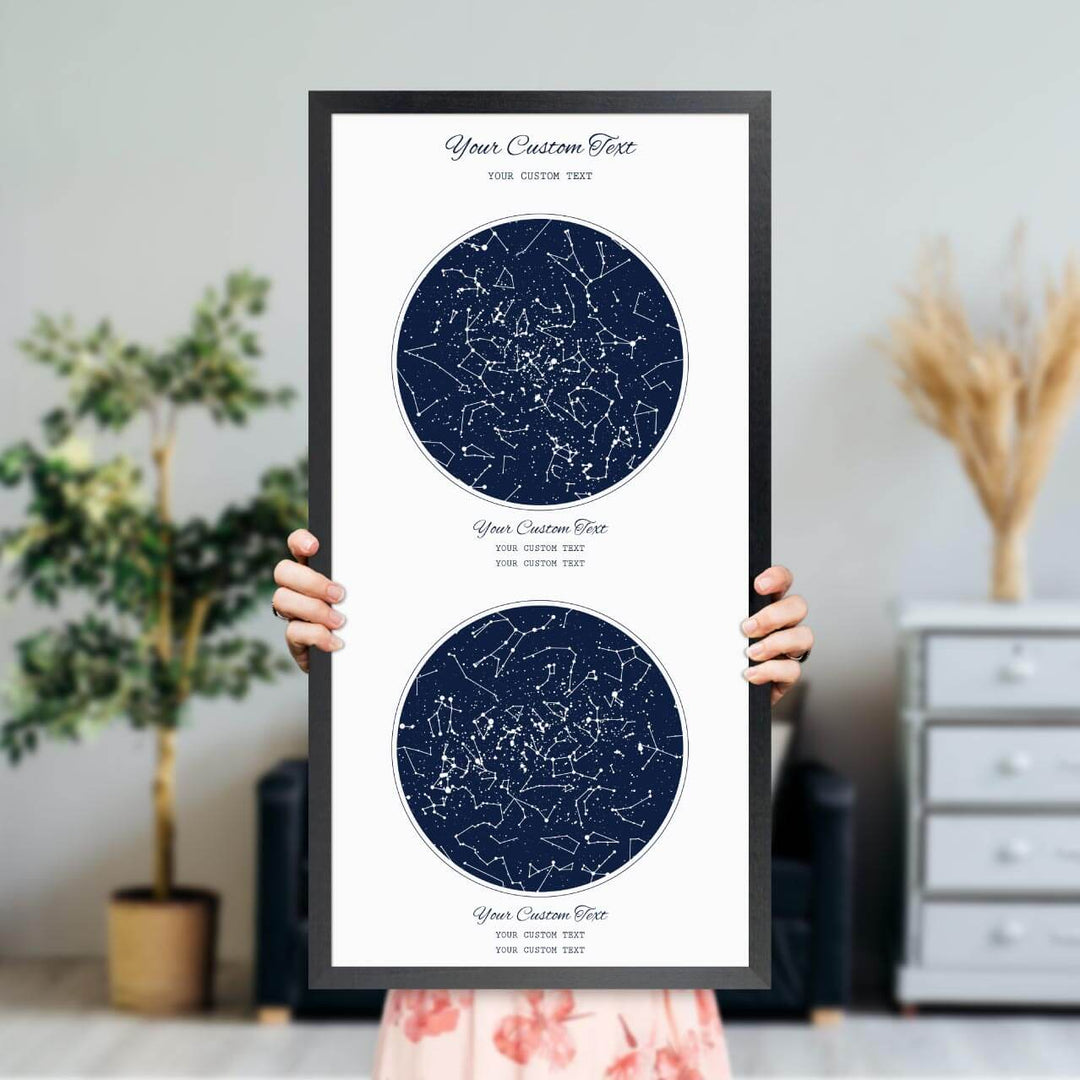 Star Map Gift Personalized With 2 Night Skies, Vertical, Black Thin Framed Art Print, Styled#color-finish_black-thin-frame