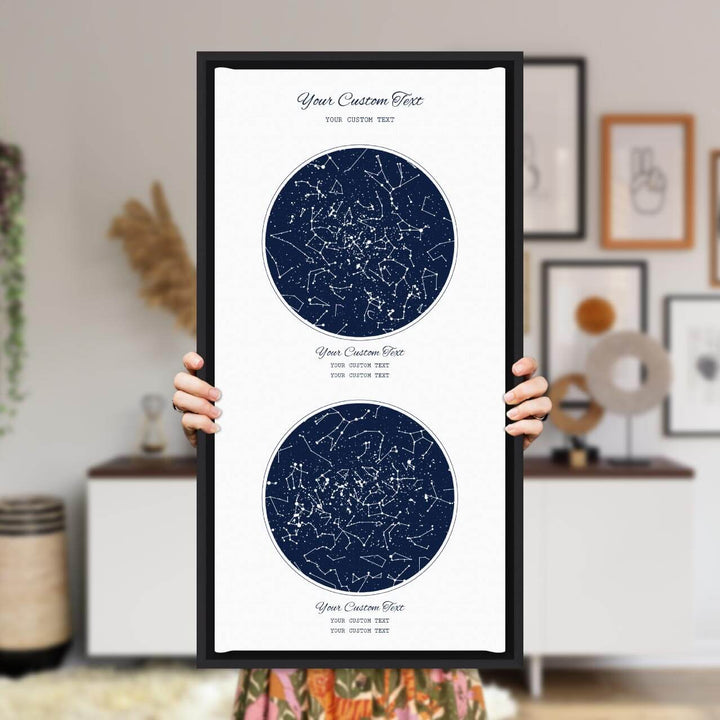 Star Map Gift Personalized With 2 Night Skies, Vertical, Black Floater Framed Art Print, Styled#color-finish_black-floater-frame