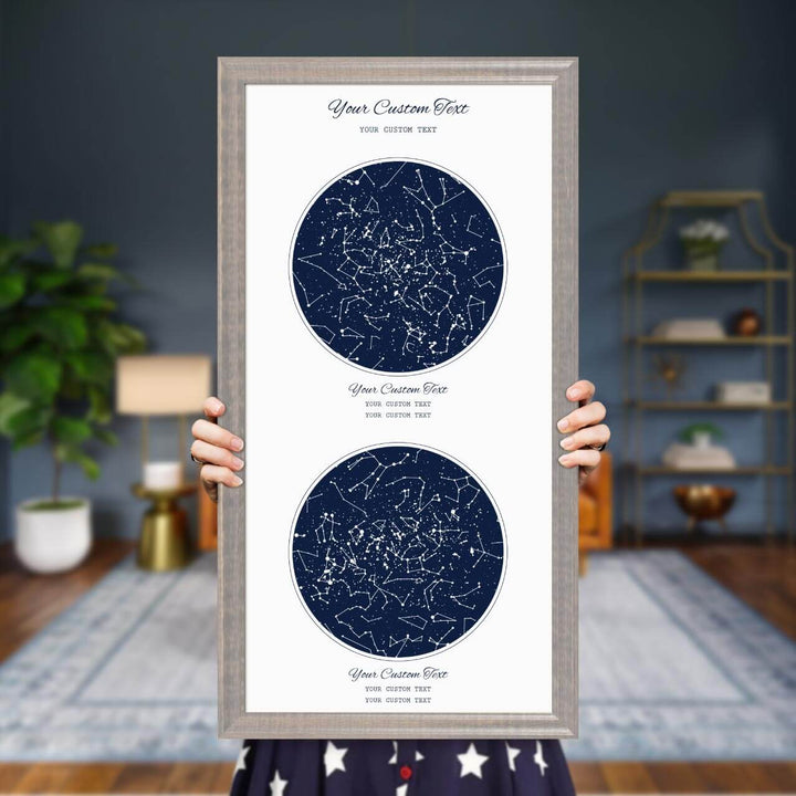 Star Map Gift Personalized With 2 Night Skies, Vertical, Gray Beveled Framed Art Print, Styled#color-finish_gray-beveled-frame