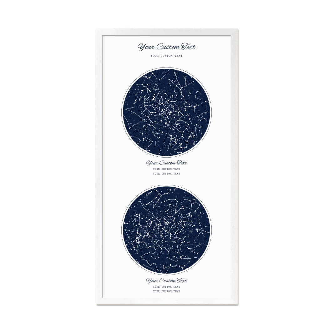 Star Map Gift Personalized With 2 Night Skies, Vertical, White Thin Framed Art Print#color-finish_white-thin-frame