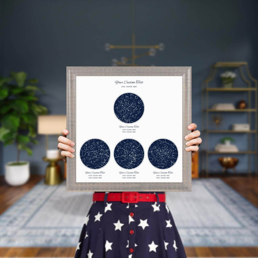 Star Map Gift Personalized With 4 Night Skies, Square, Gray Beveled Framed Art Print, Styled#color-finish_gray-beveled-frame