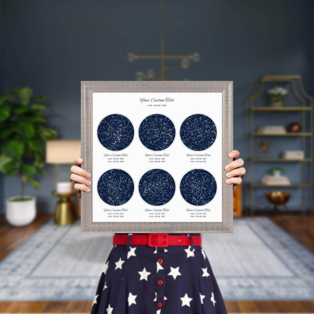 Star Map Gift Personalized With 6 Night Skies, Square, Gray Beveled Framed Art Print, Styled#color-finish_gray-beveled-frame