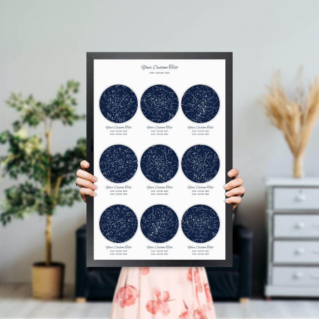 Star Map Gift Personalized With 9 Night Skies, Vertical, Black Thin Framed Art Print, Styled#color-finish_black-thin-frame