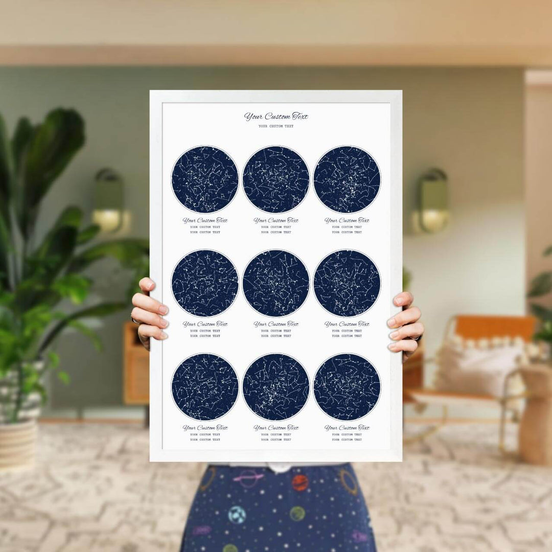 Star Map Gift Personalized With 9 Night Skies, Vertical, White Thin Framed Art Print, Styled#color-finish_white-thin-frame